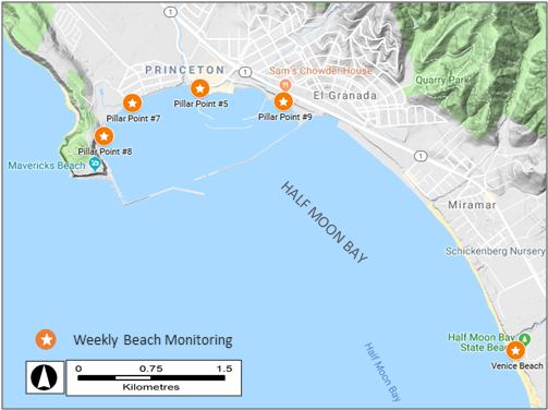 map of Pillar Point Harbor showing locations of weekly beach monitoring in 5 locations